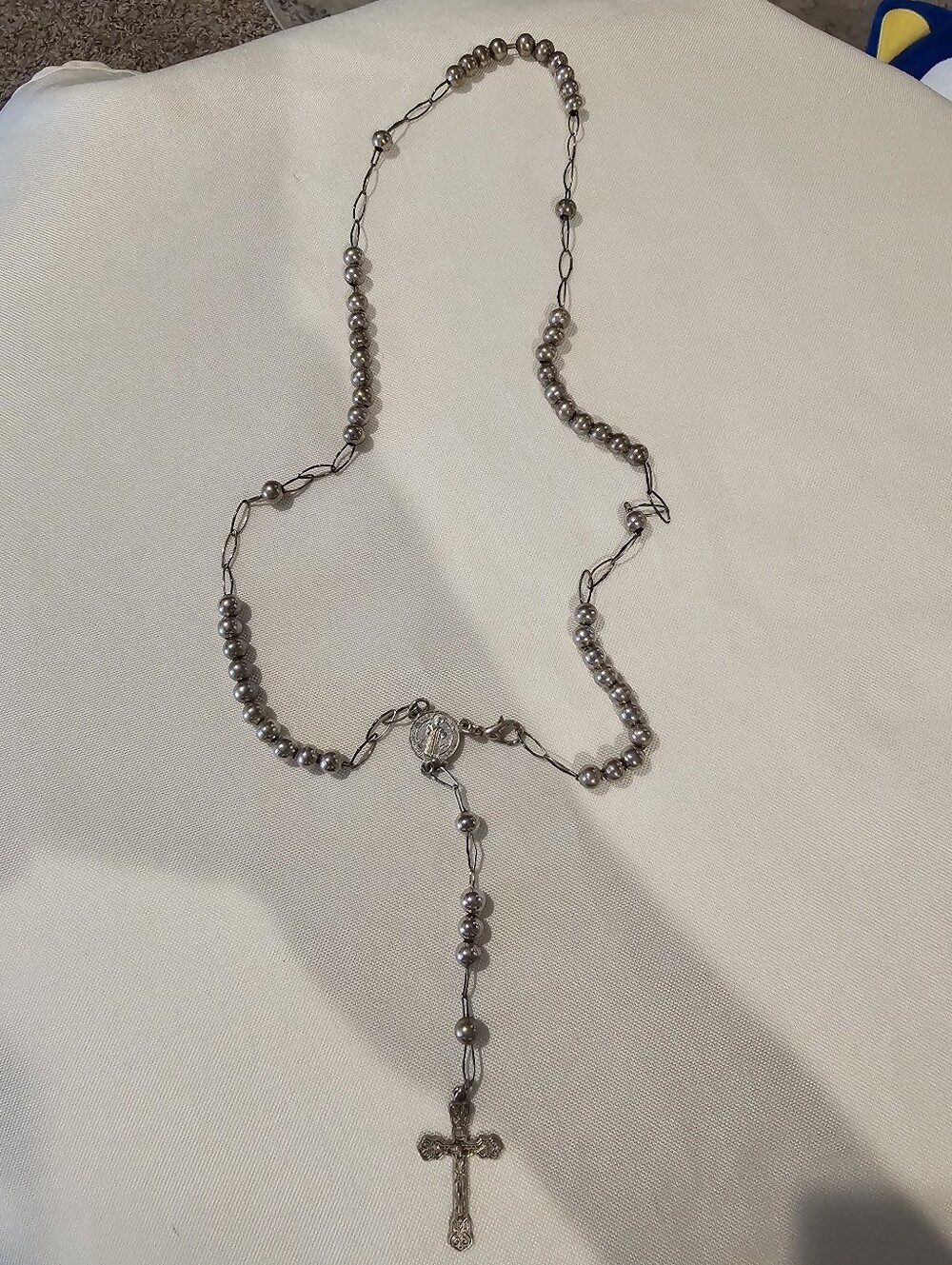 Vintage Silver-Tone Rosary Necklace with Cross Pendant - Unbranded